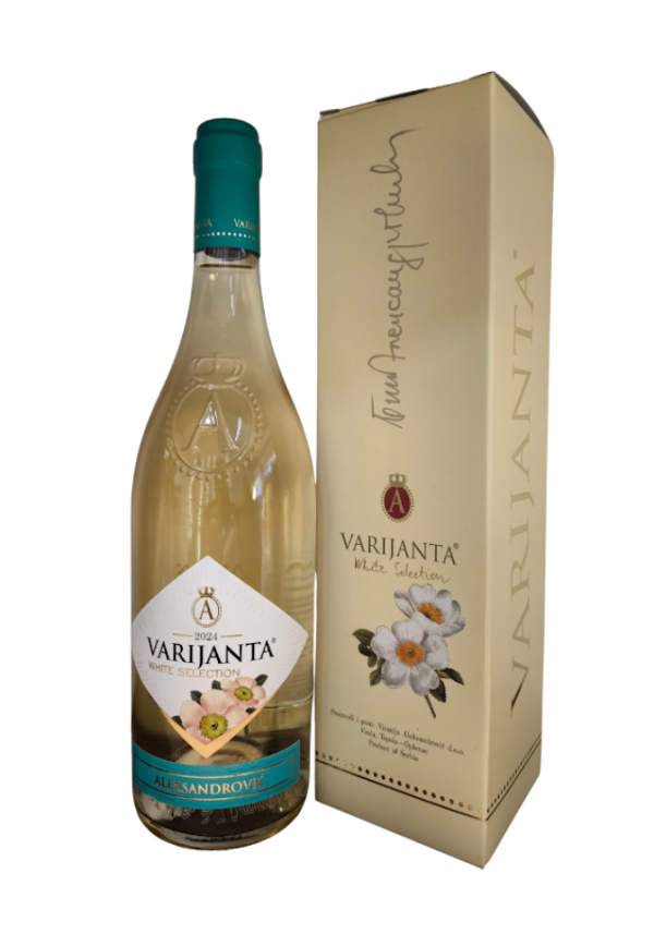 Belo vino Aleksandrović Varijanta White Selection 2024 sa brendiranom poklon kutijom.