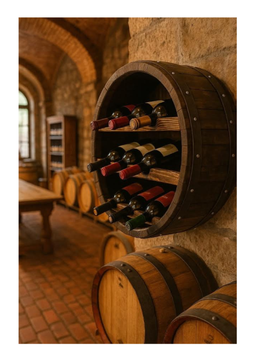 zidna-polica-za-pica-krug Enterijer vinskog podruma sa policama od buradi - Hedonist kutak