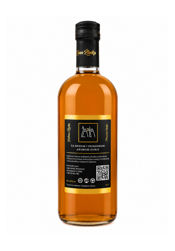 zaoka-rakija-med-aroma-dunje-zadnja-strana Zaoka rakija sa medom i prirodnom aromom dunje 0.7l zadnja strana flase Zana Zaoka Pozarevac