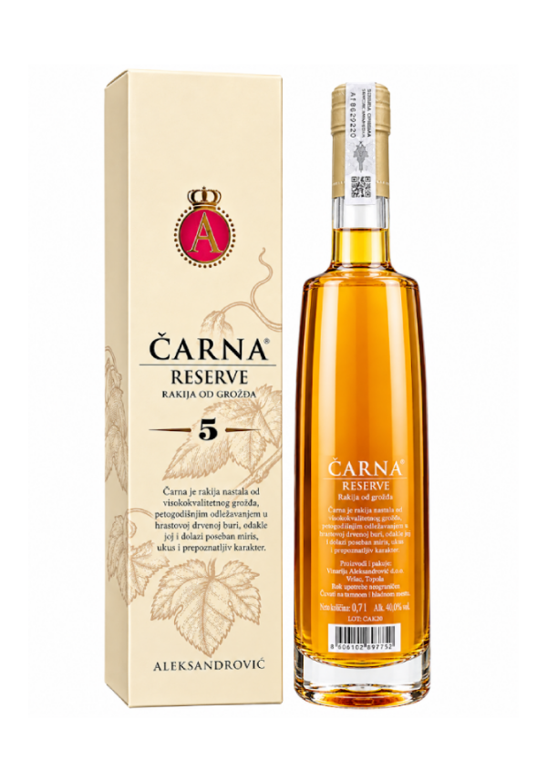 Aleksandrović Čarna Reserve 5 poleđina boce i specifikacije rakije od grožđa